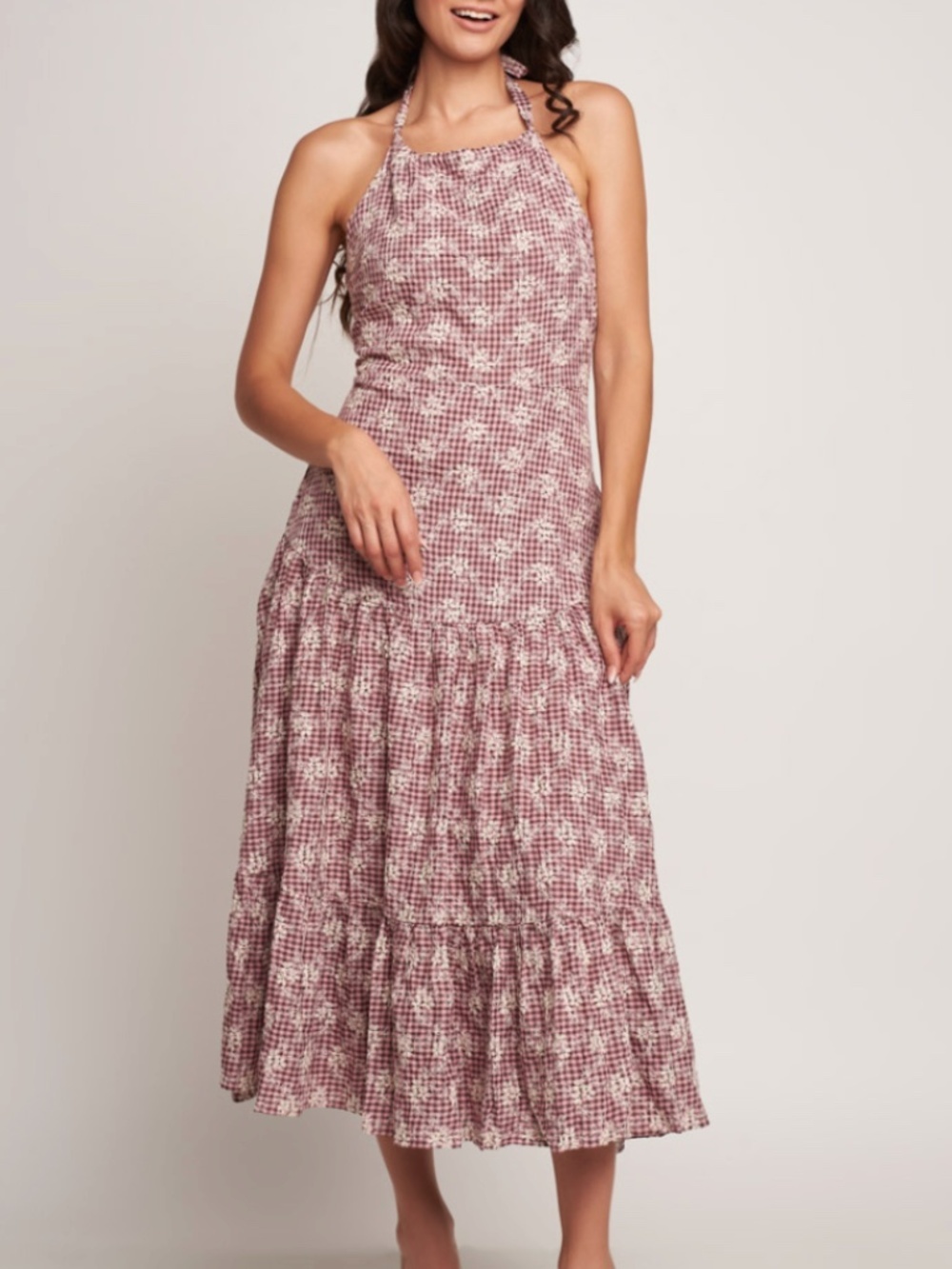 Just Me Pink Gingham Floral Maxi Dress NWOT